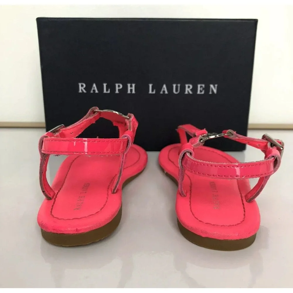Ralph Lauren Kids Neon Pink‎ Patent Leather T-Strap Sandals Logo Medallion Girls